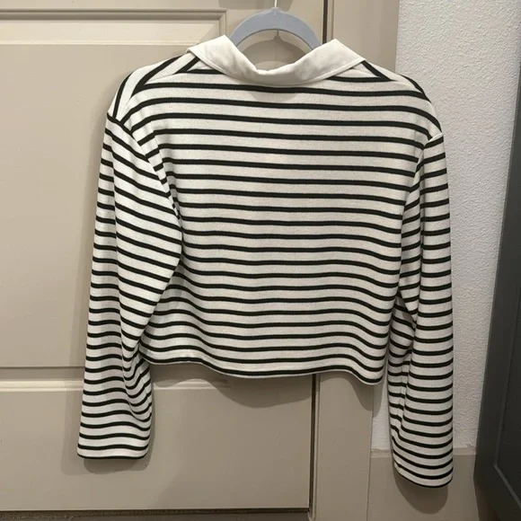 ZARA black and white striped crop long sleeve polo top size S 3905/003 - Picture 3 of 3